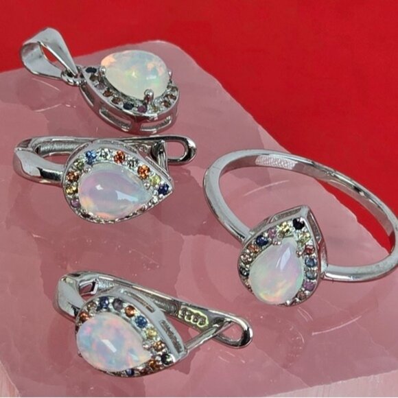 925 Sterling Silver Jewelry Set with Natural White Opal & Multicolor Sapphire - Picture 8 of 12